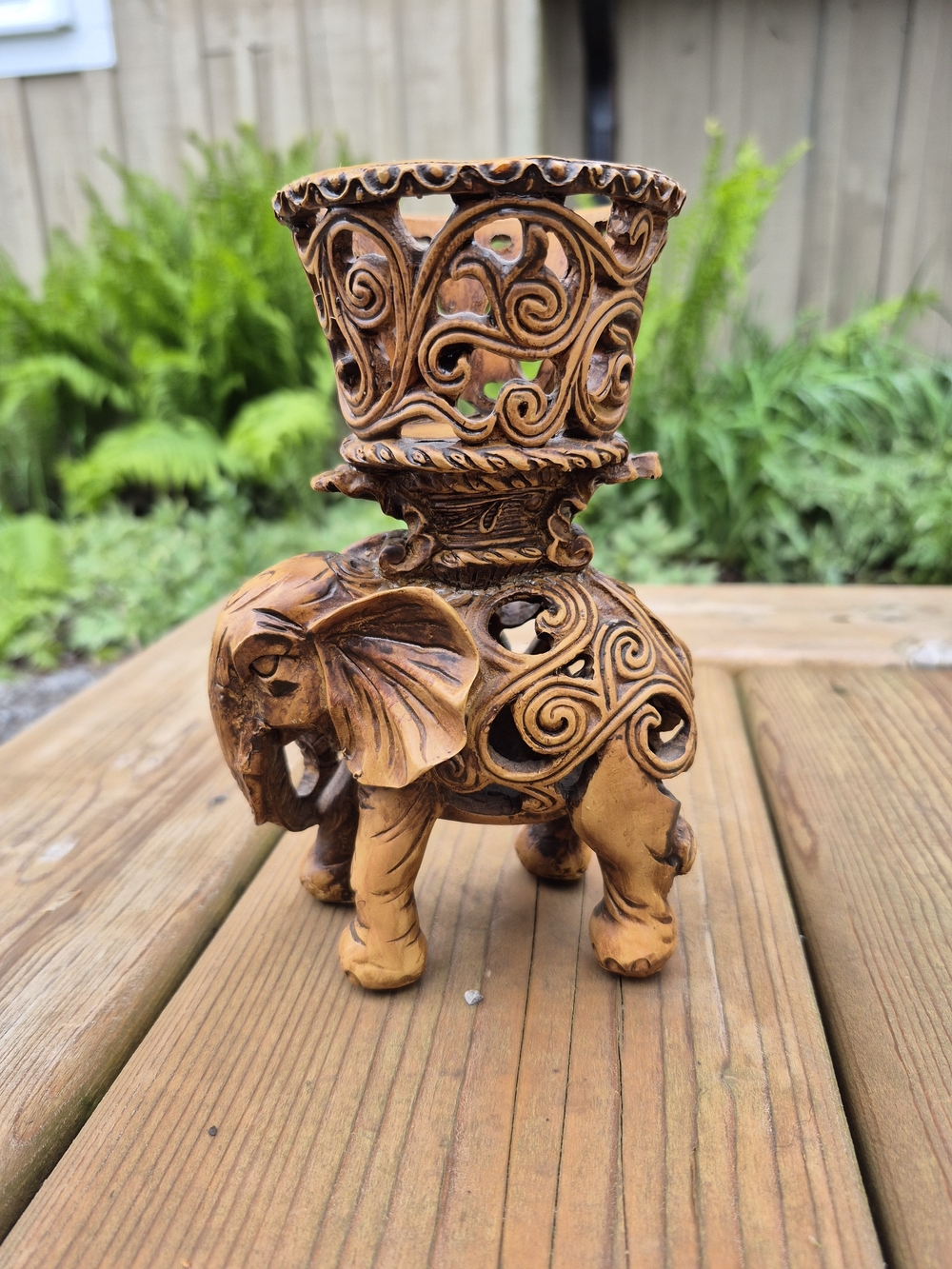 Vintage Handcarved Wood Rattan Boho Style Candle Holder Plant Holder Elephant